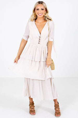 Beige Ruffle Detailed Boutique Maxi Dresses for Women