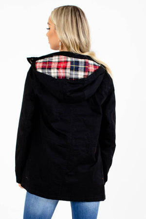Women's Black Plaid Hood Boutique Jacket