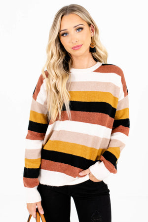 Cream Multi Stripe Patterned Boutique Sweaters for Women