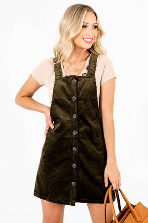 Olive Green Corduroy Material Boutique Mini Dresses for Women