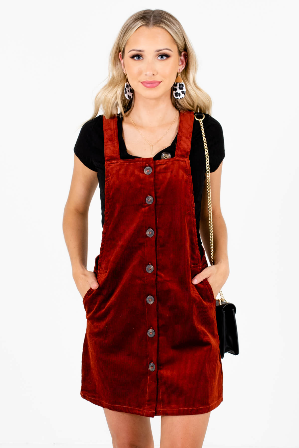 Rust Red Corduroy Material Boutique Mini Dresses for Women