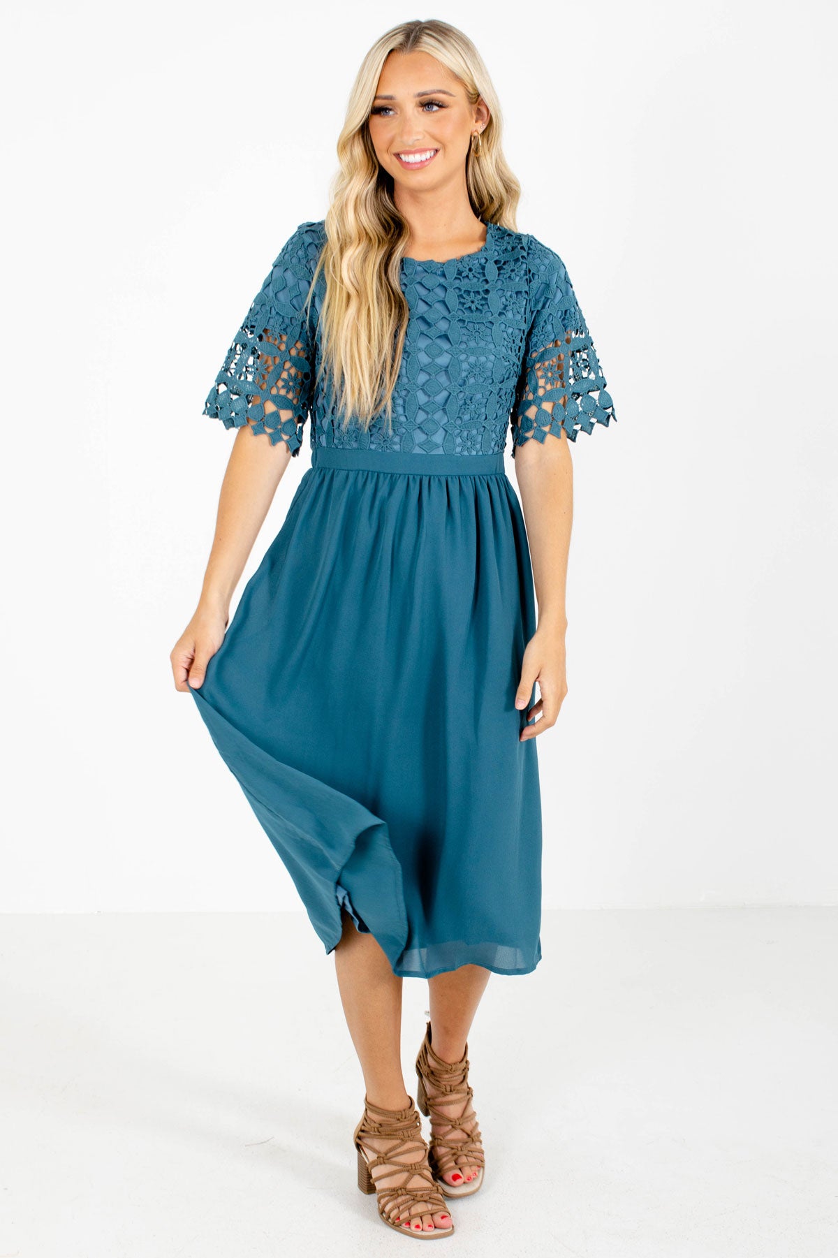 Blue Crochet Lace Bodice Boutqiue Midi Dresses for Women