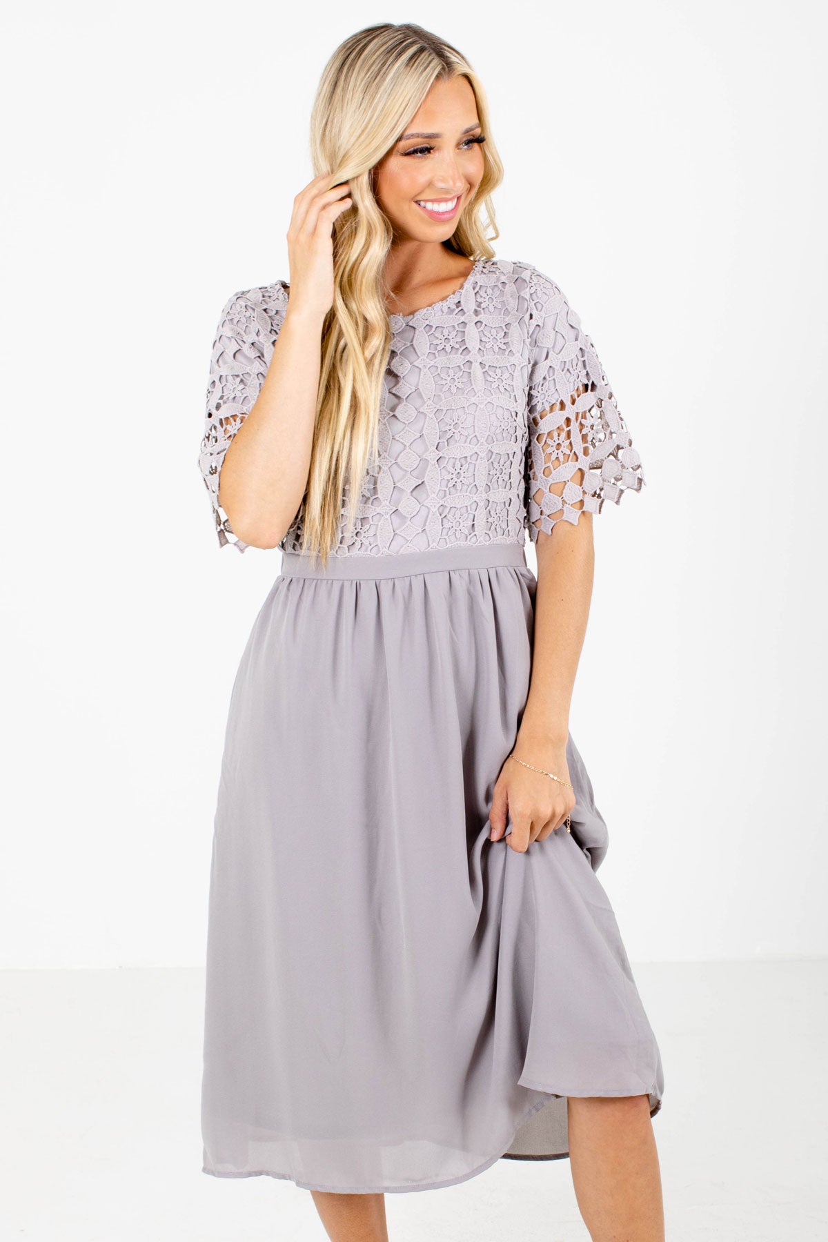 Gray Crochet Lace Bodice Boutique Midi Dresses for Women