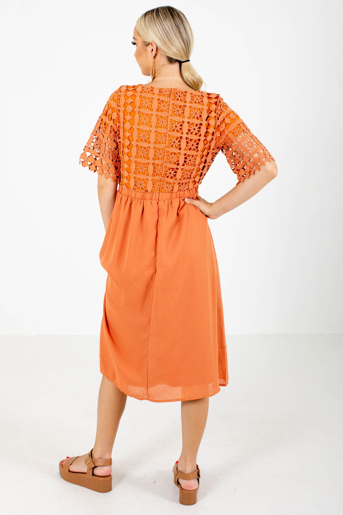 Women's Orange High-Quality Boutique Midi Dress