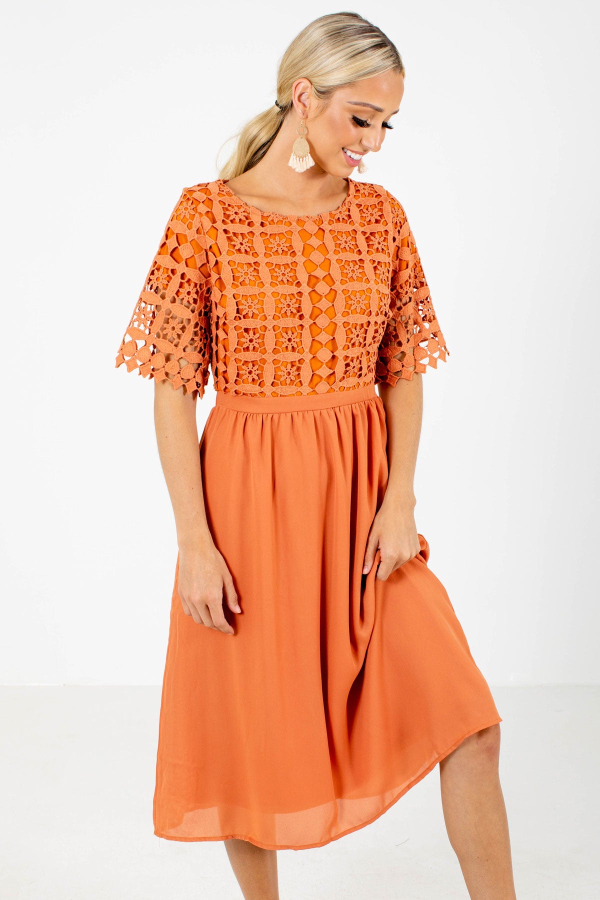Orange Fully Lined Boutqiue Midi Dresses for Women