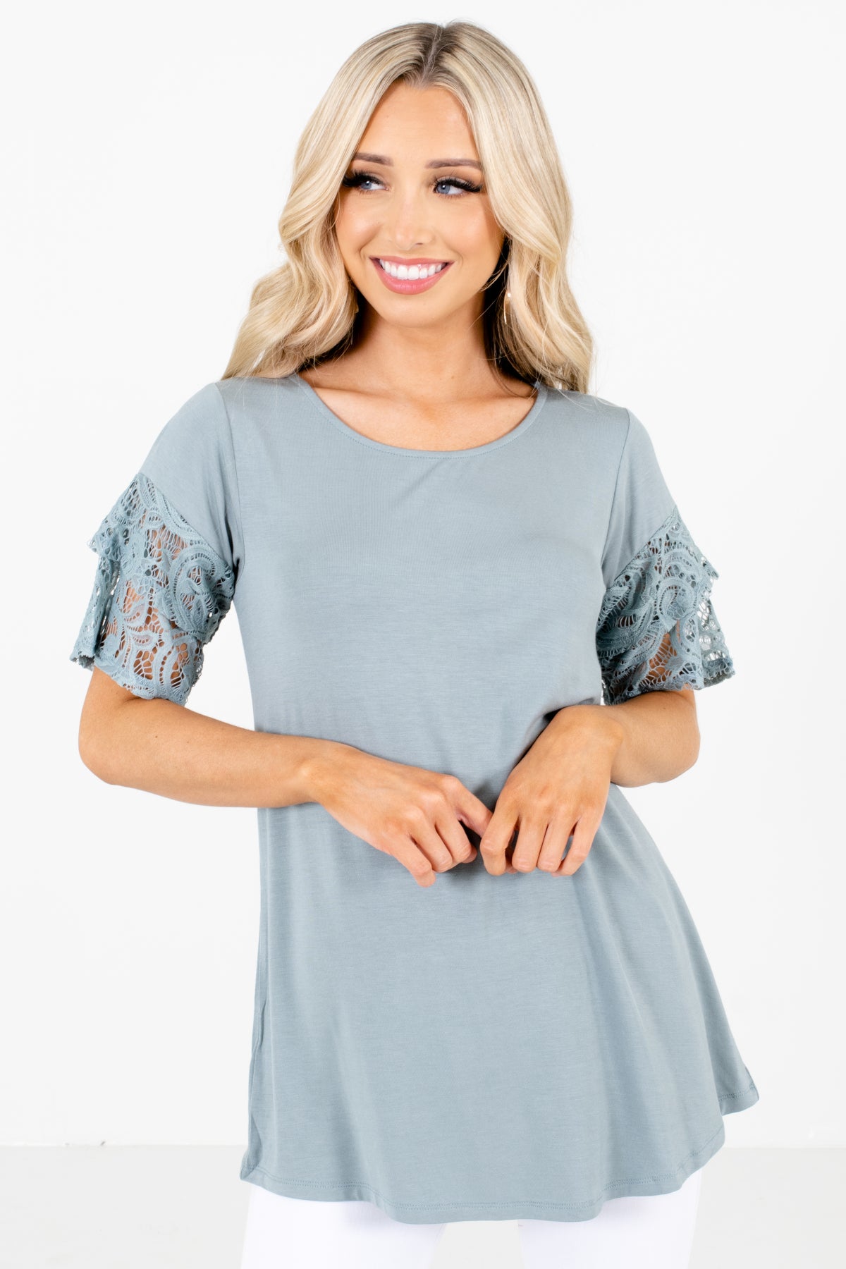 Green Layered Ruffle Sleeve Boutique Blouses for Women