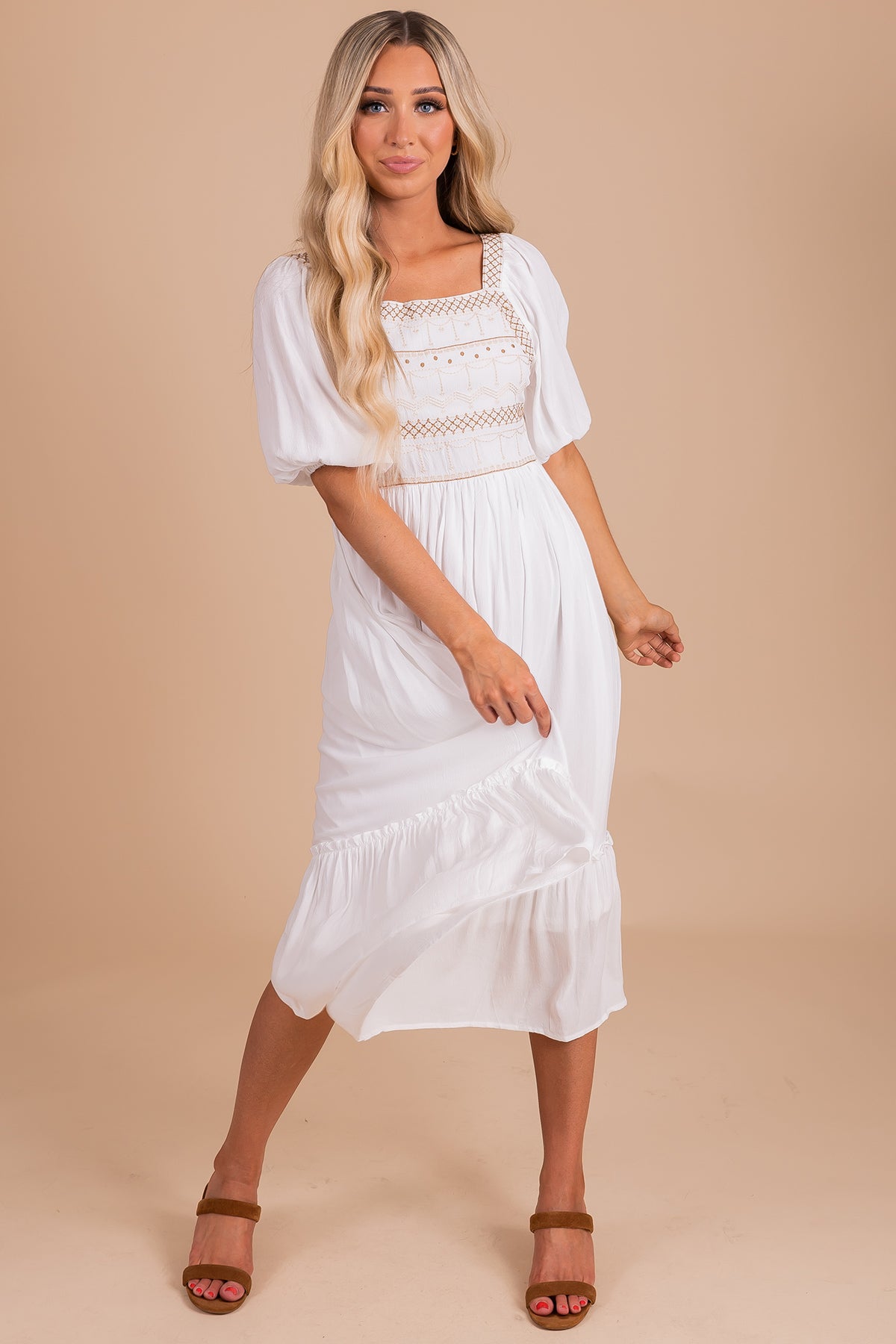 Women's White Dress with Embroidery and Square Neckline.
