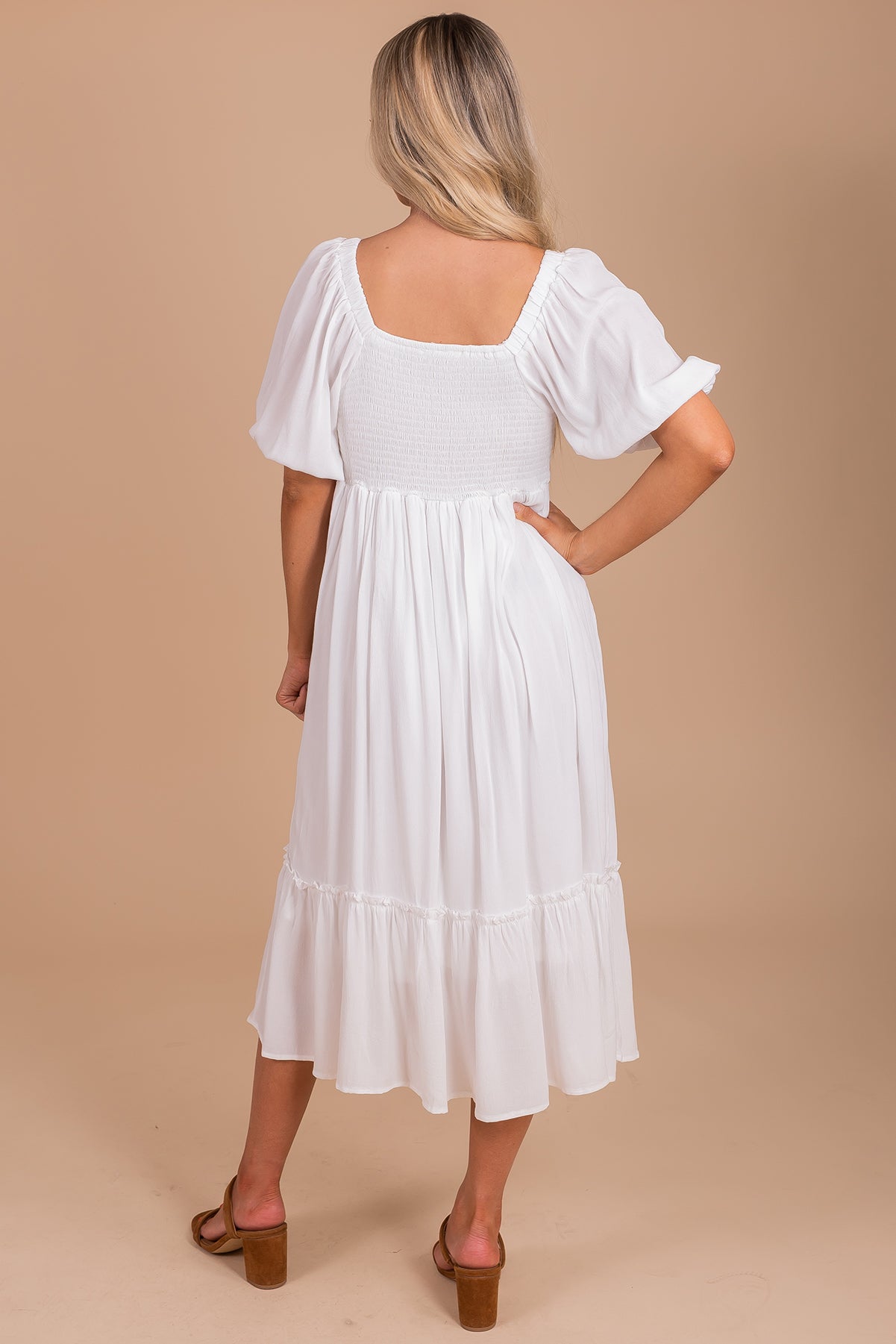 Women's White Dress with Smocked Bodice