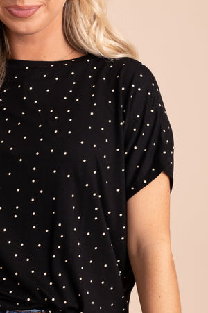 soft knit black blouse with white polka dots
