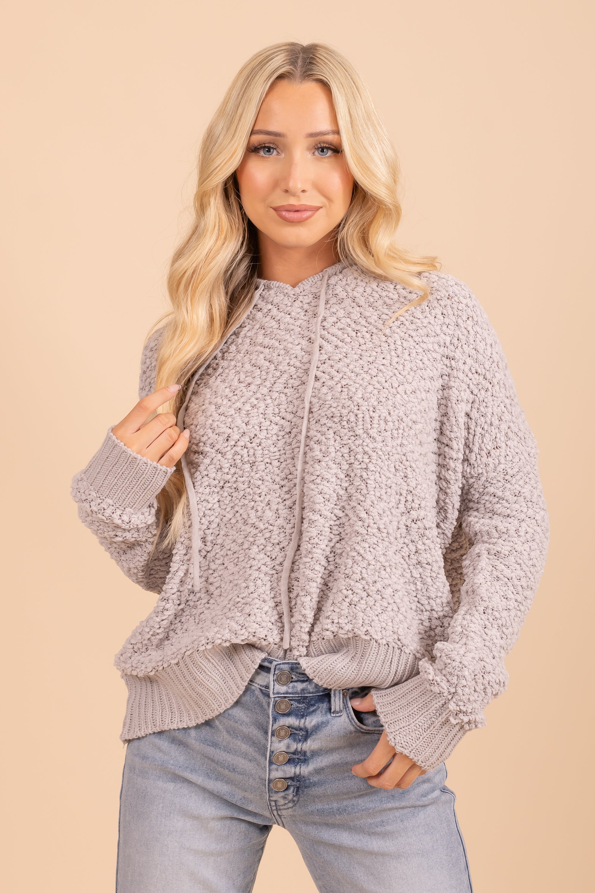 Popcorn Yarn Hooded Pullover Sweater