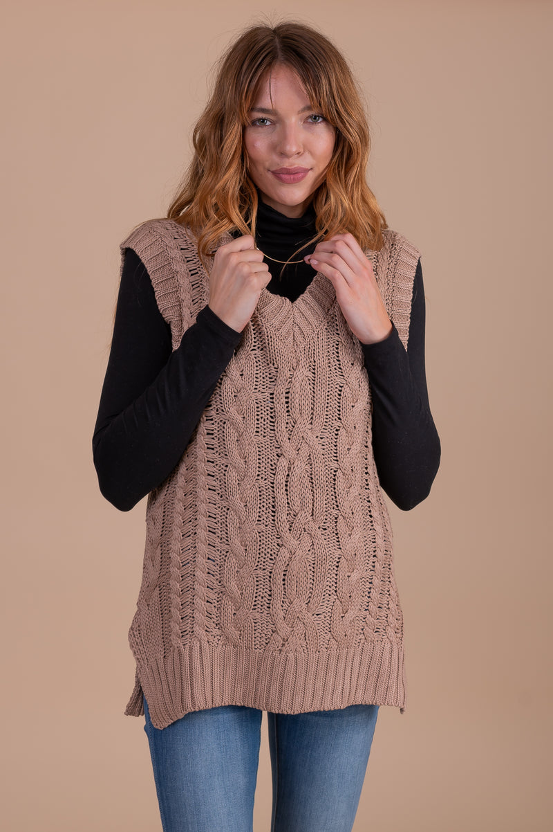 Winter Nutmeg Cable Knit Sweater Vest - Light Brown