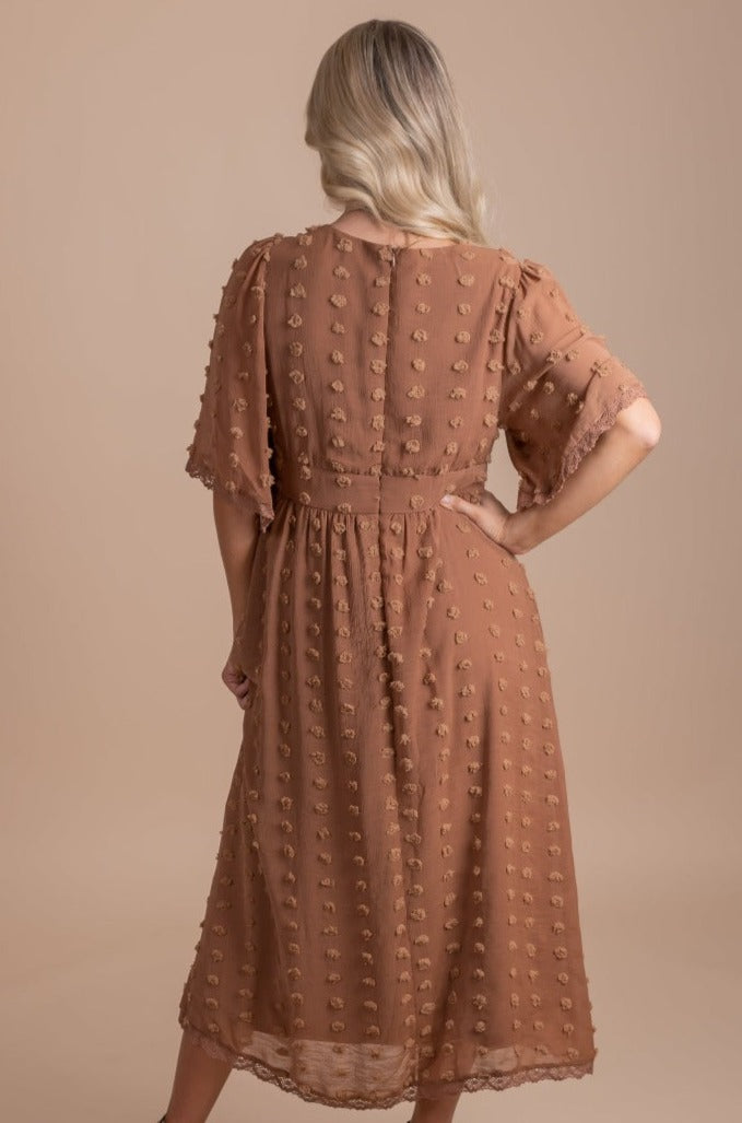 Women's Swiss Dot Midi Dress in Mocha Brown