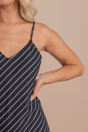 Black Striped Cute Boutique Mini Dresses with Frayed Hem and Strappy Back