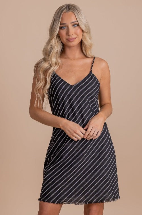 Black Striped Cute Boutique Mini Dresses with Freyed Hem and Strappy Back