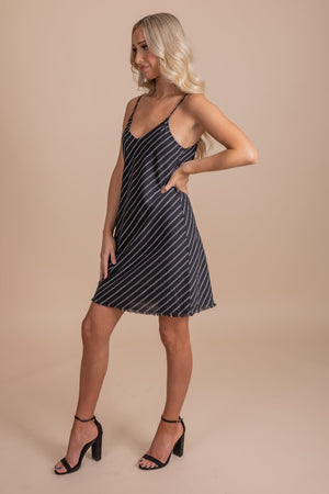 Black Striped Cute Boutique Mini Dresses with Frayed Hem and Strappy Back
