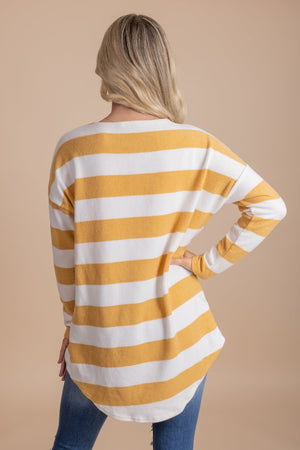 Mustard Yellow and White Stripe Patterned Boutique Tops for Women