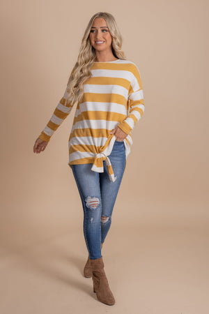 Mustard Yellow and White Stripe Patterned Boutique Tops for Women