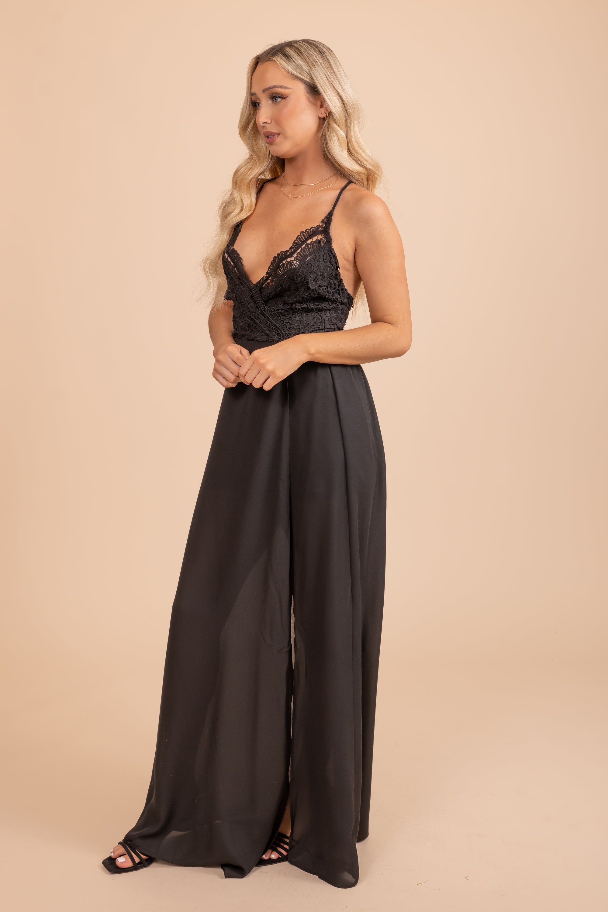 Black maxi dress with slit and lace on the top