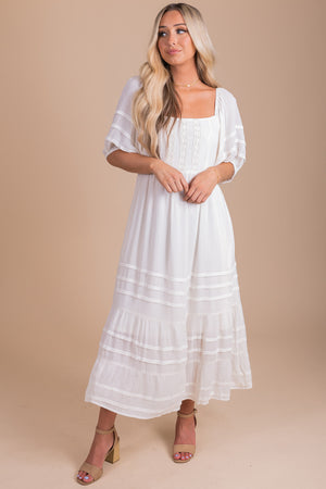 Ivory White Maxi Dress with Square Neck, Flounce Hem, and Puff Sleeves for Women