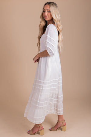 Women's Puff Sleeve Ivory White Dress with Pleats on Skirt