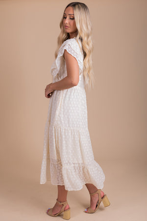 Affordable Boutique Midi Dress in White with Flutter Sleeves