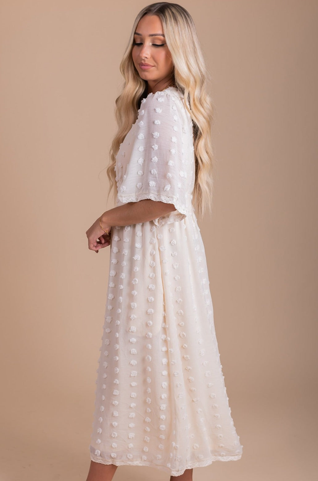Affordable Textured Dot Dress Midi Length Dress for Women