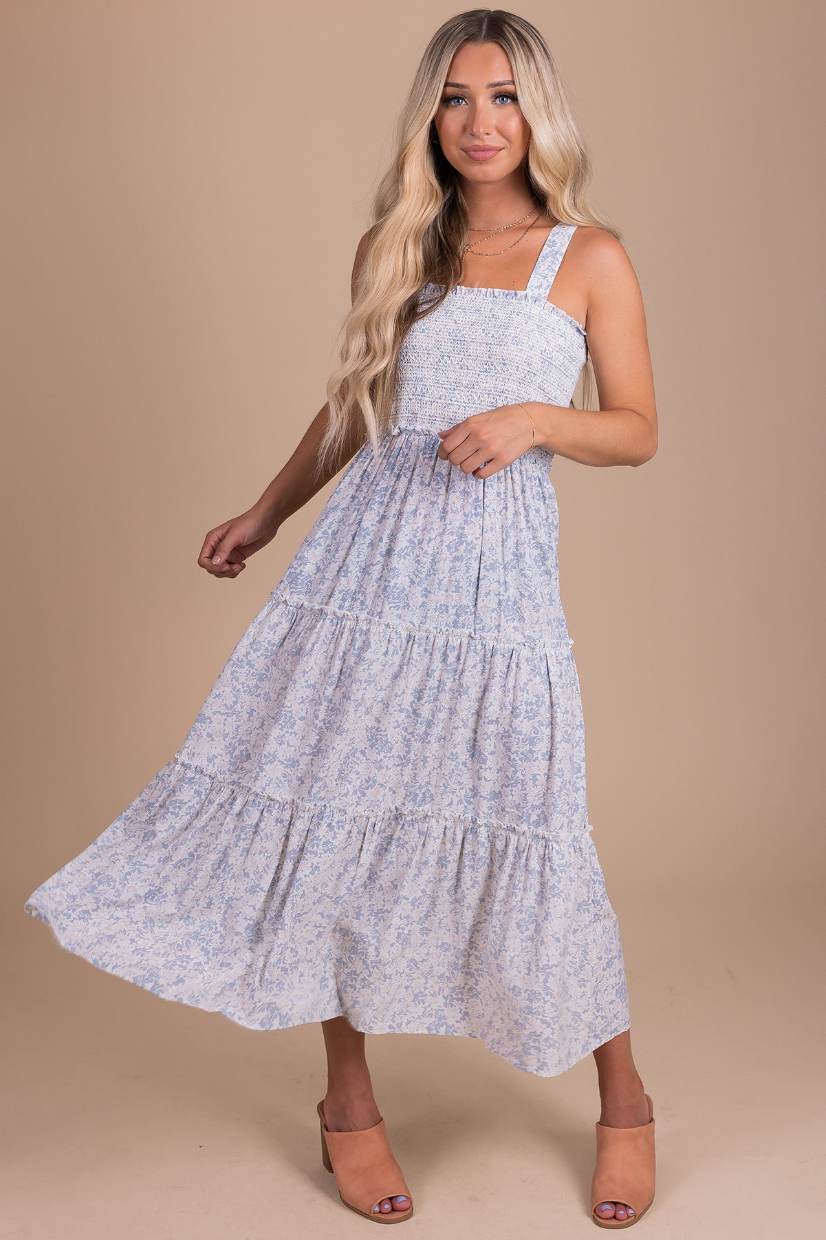 Flowy Floral Maxi Dress in Blue and White for Women