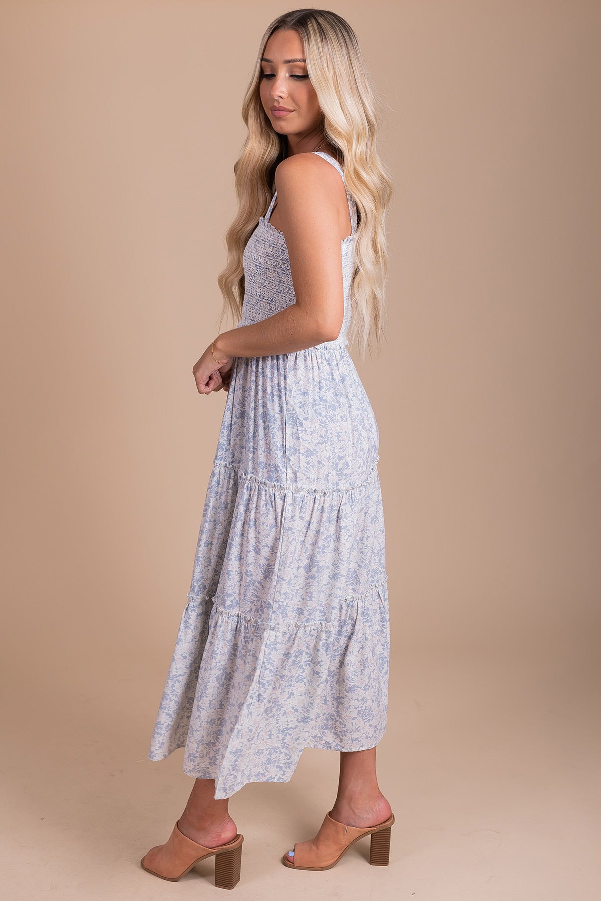 Affordable Blue and White Floral Maxi Dress for Summer