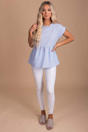 Women's Boutique Peplum Top in Blue and White