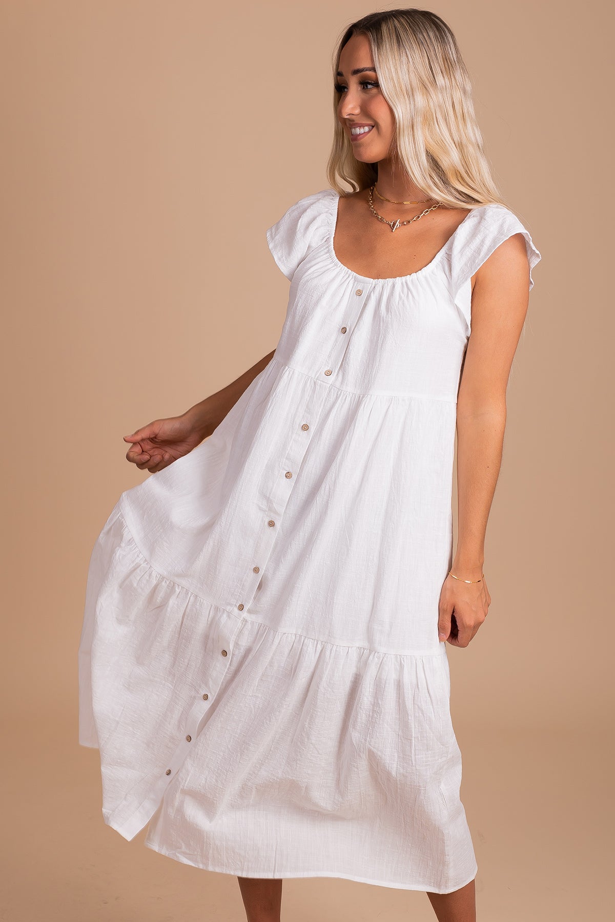 Women's Button Front Midi Dress in White