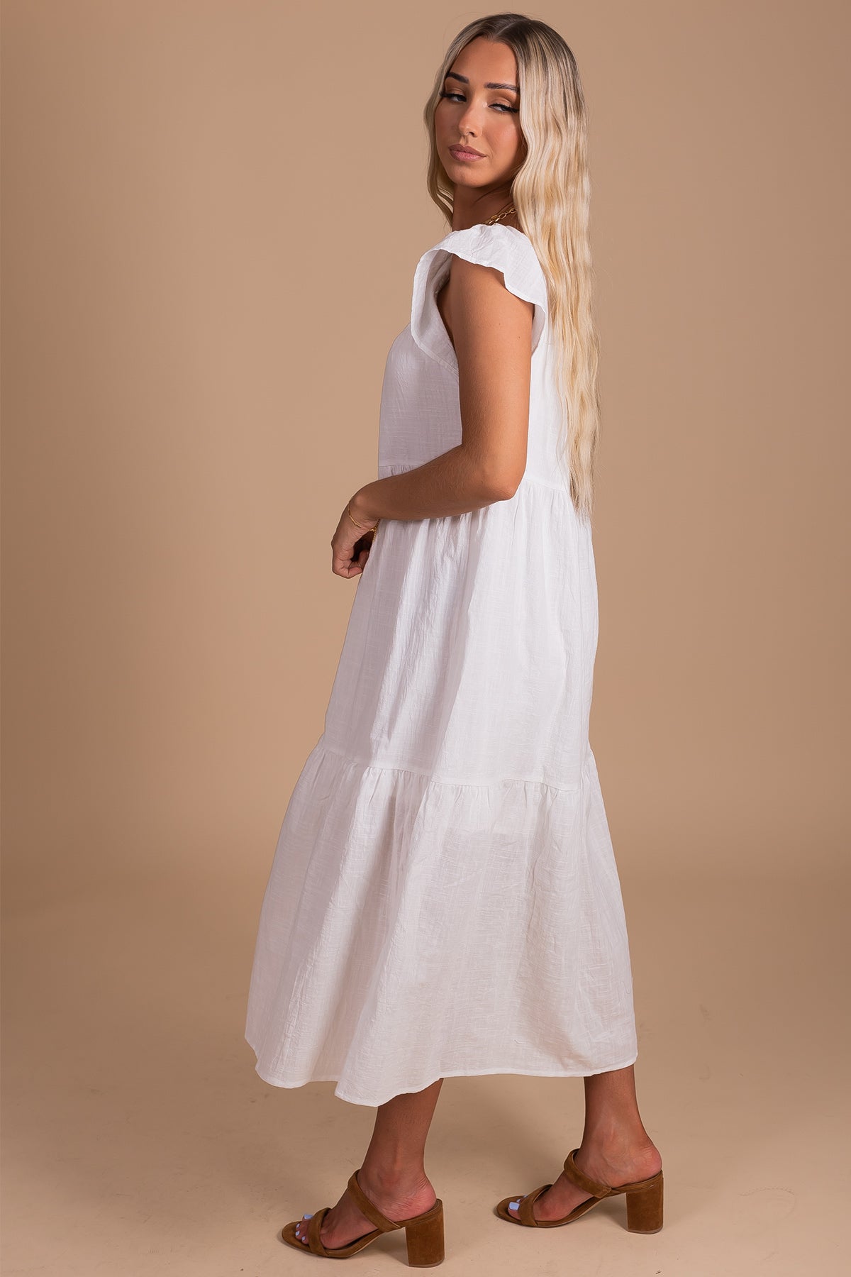 Tiered Midi Dress in White with Flutter Sleeves for Women