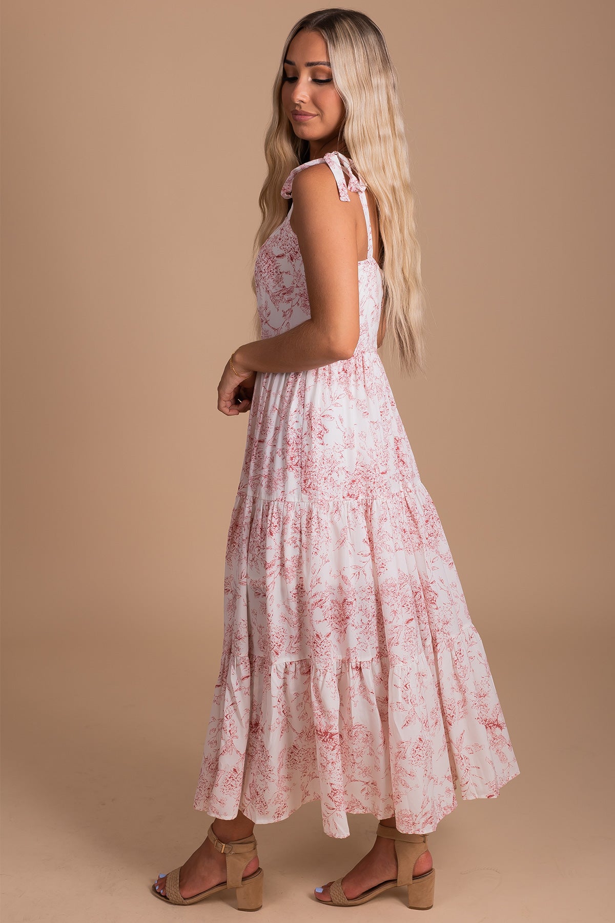 Women's Boutique Maxi Dress with Floral Print in White and Red