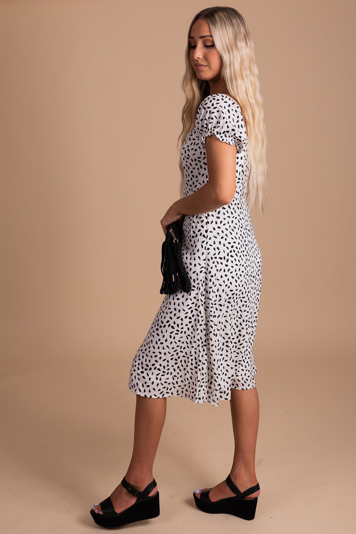 Women's Puff Sleeve Midi Dress with Patterned Print