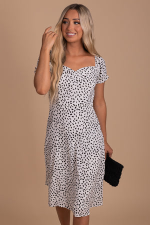 White and Black Patterned Midi Dress for Women 