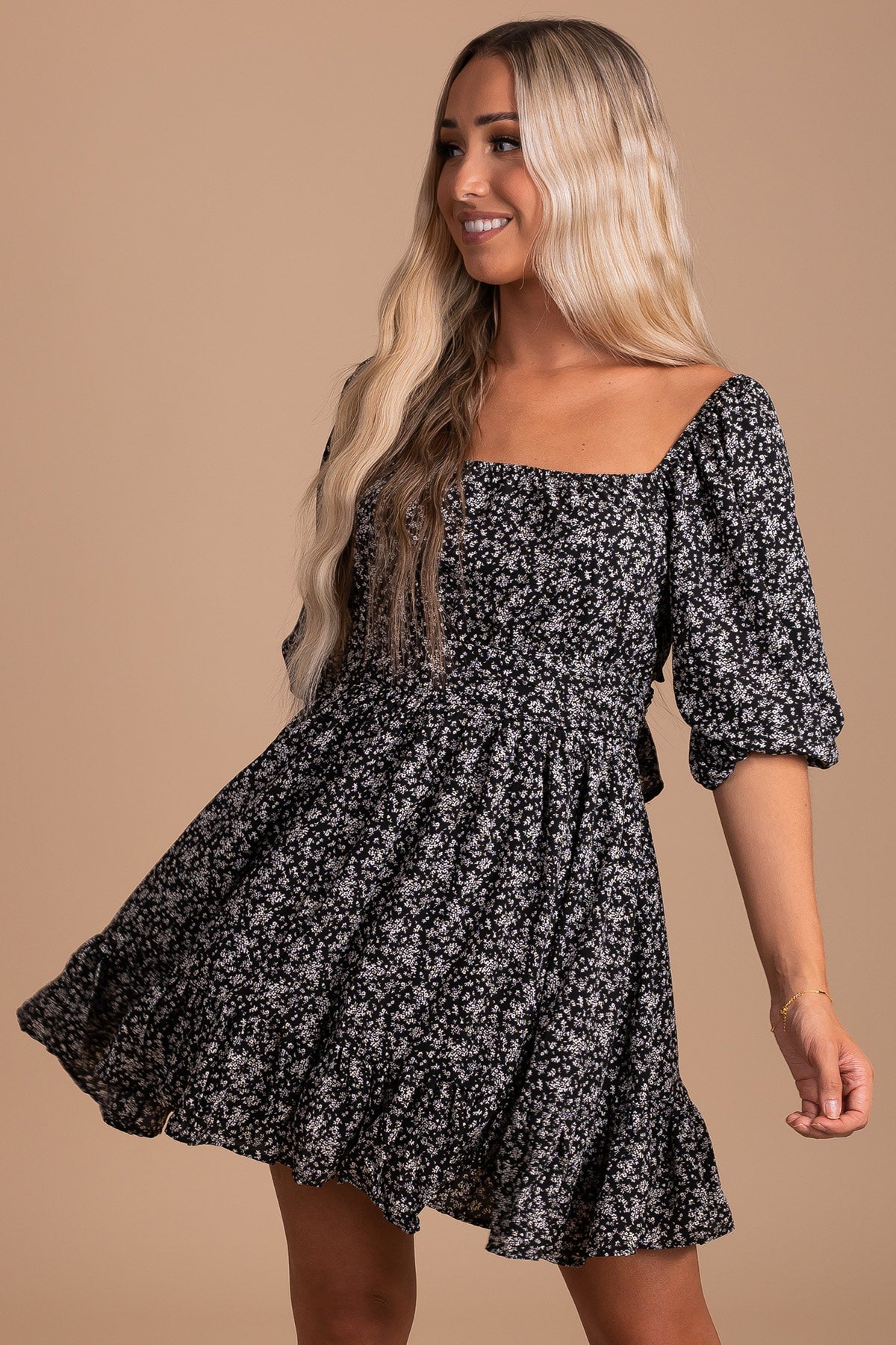 Black and White Floral Mini Dress for Women