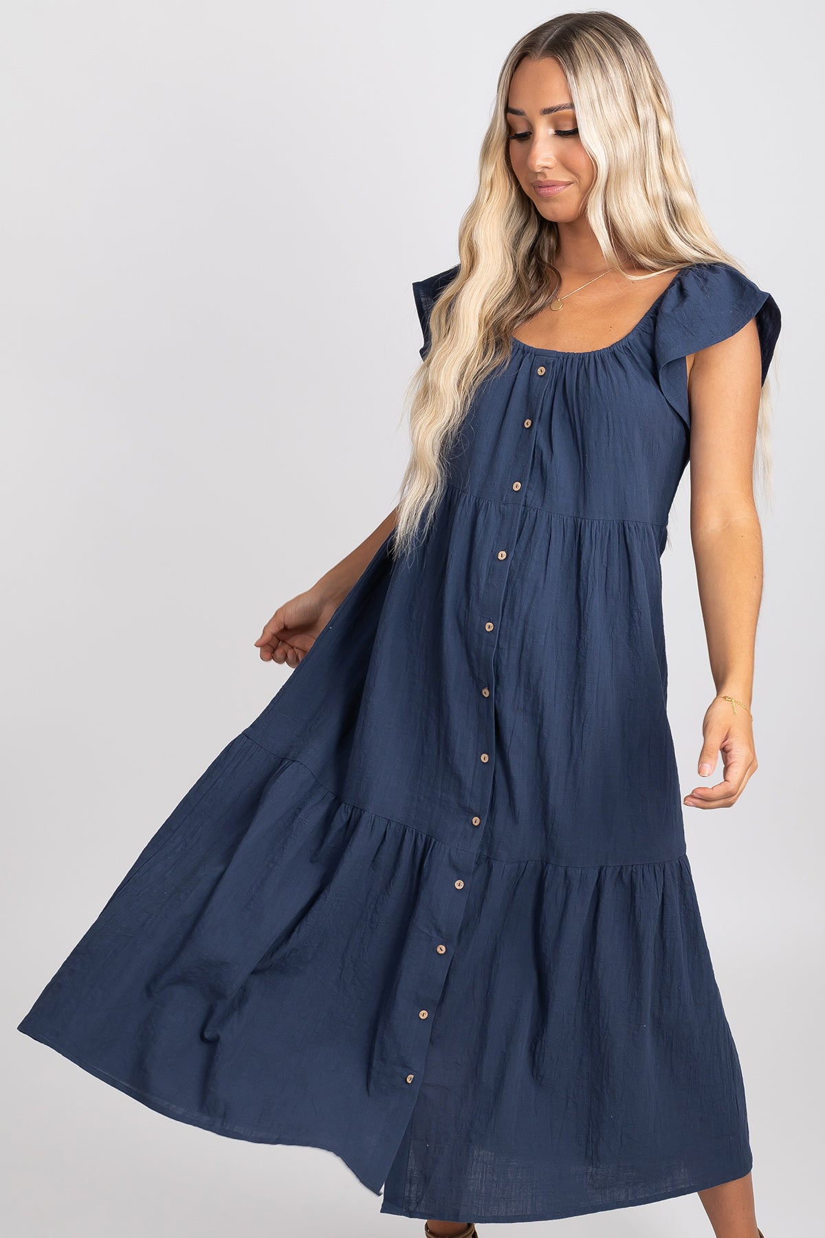Navy Blue Button Front Midi Dress for Women