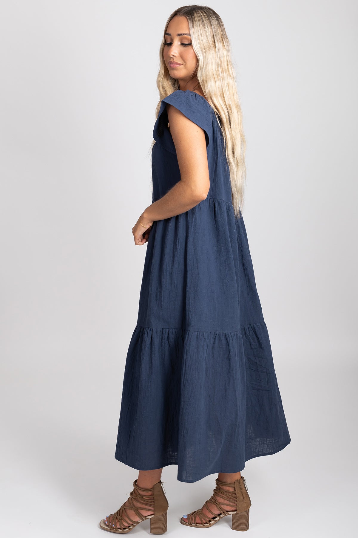 Tiered Midi Dress in Navy Blue for Women