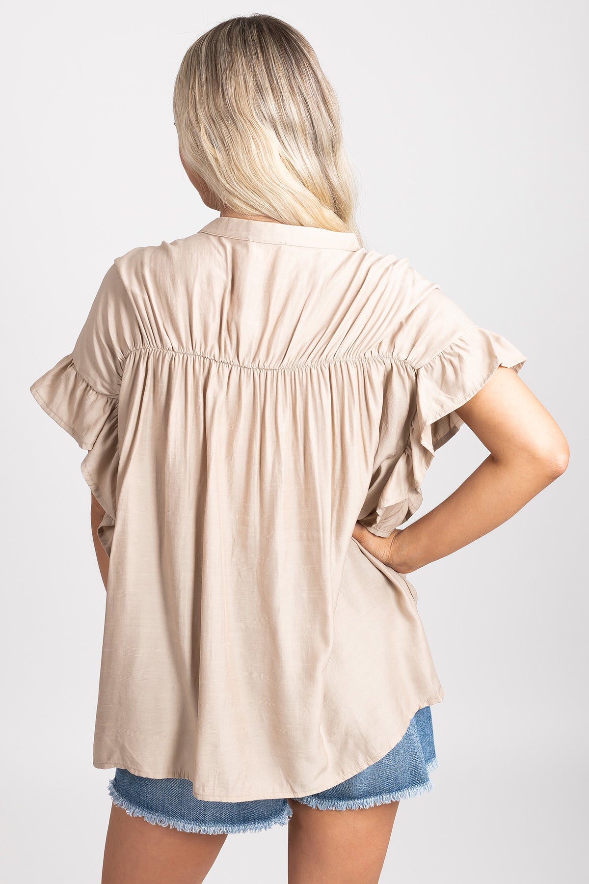 Boutique Ruched Light Brown Button Up Top