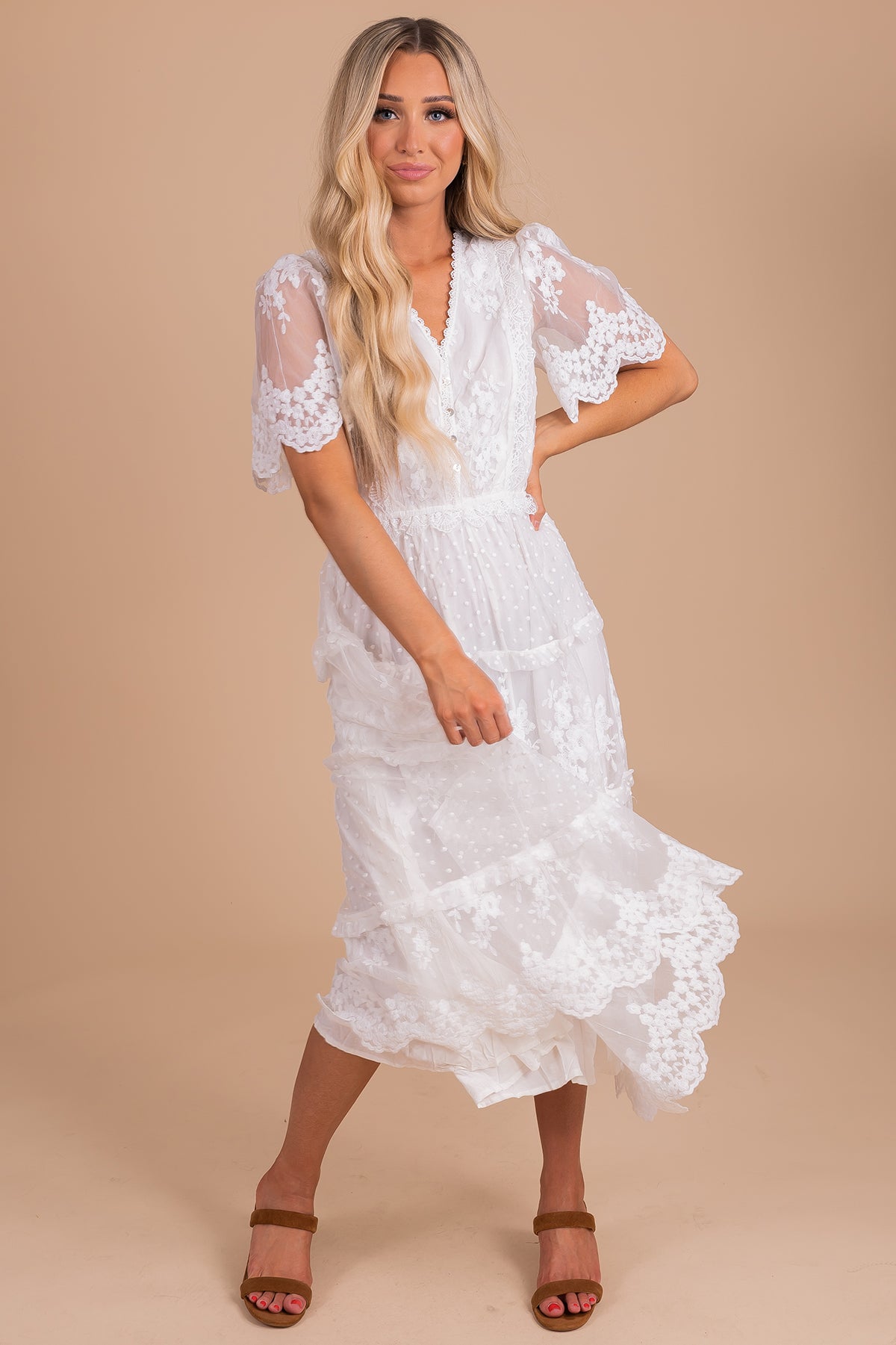 Women's White Dress with Lace and V Neckline.