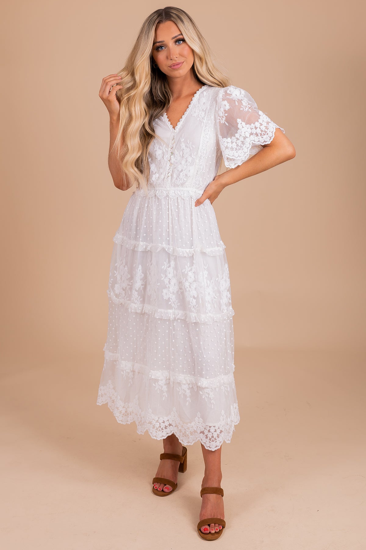 Tiered White Dress with Flowy Short Sleeve for Women