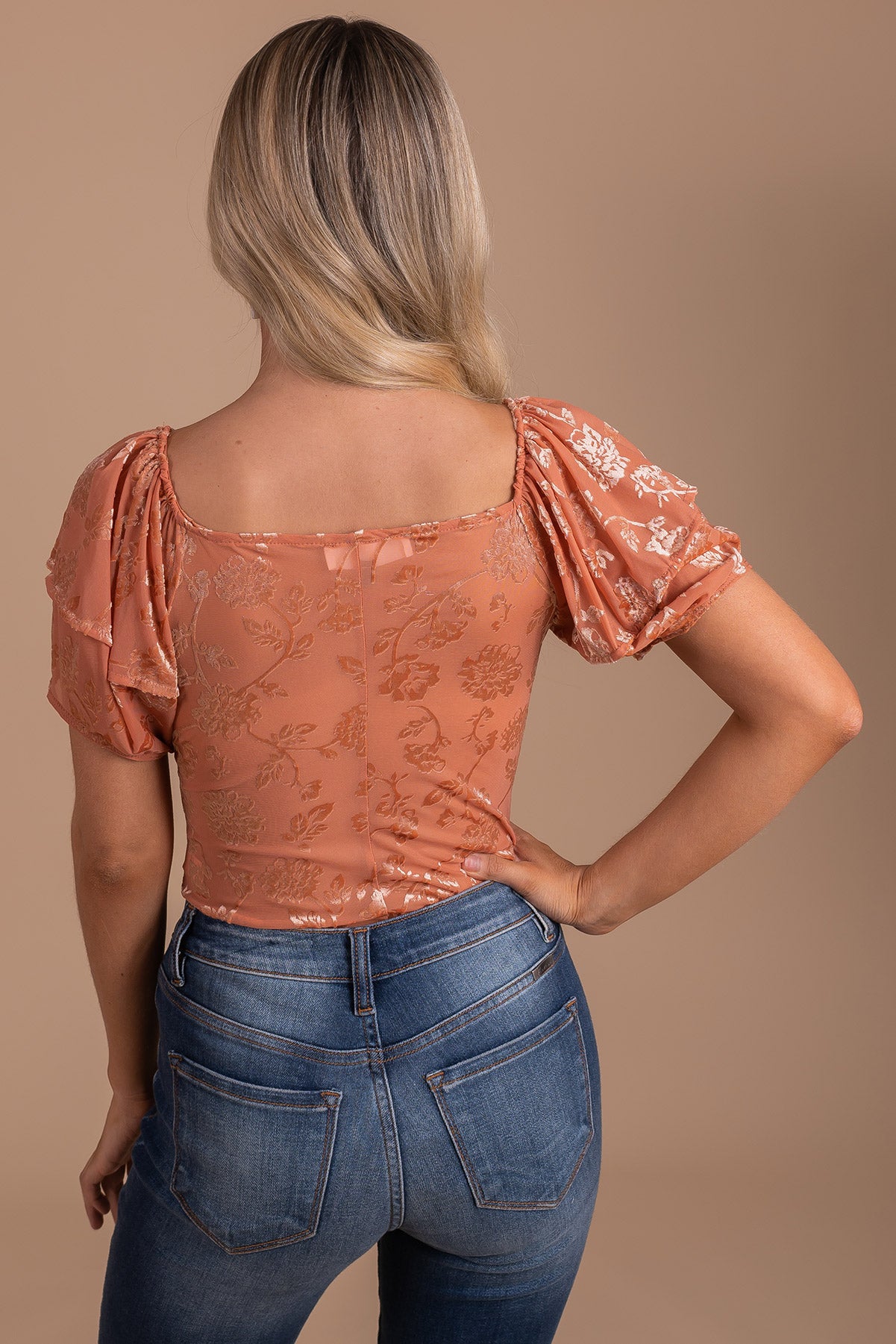 Velvet Floral Orange Bodysuit for Women
