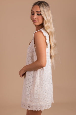 Affordable Boutique Mini Dress with Eyelet Lace in Cream