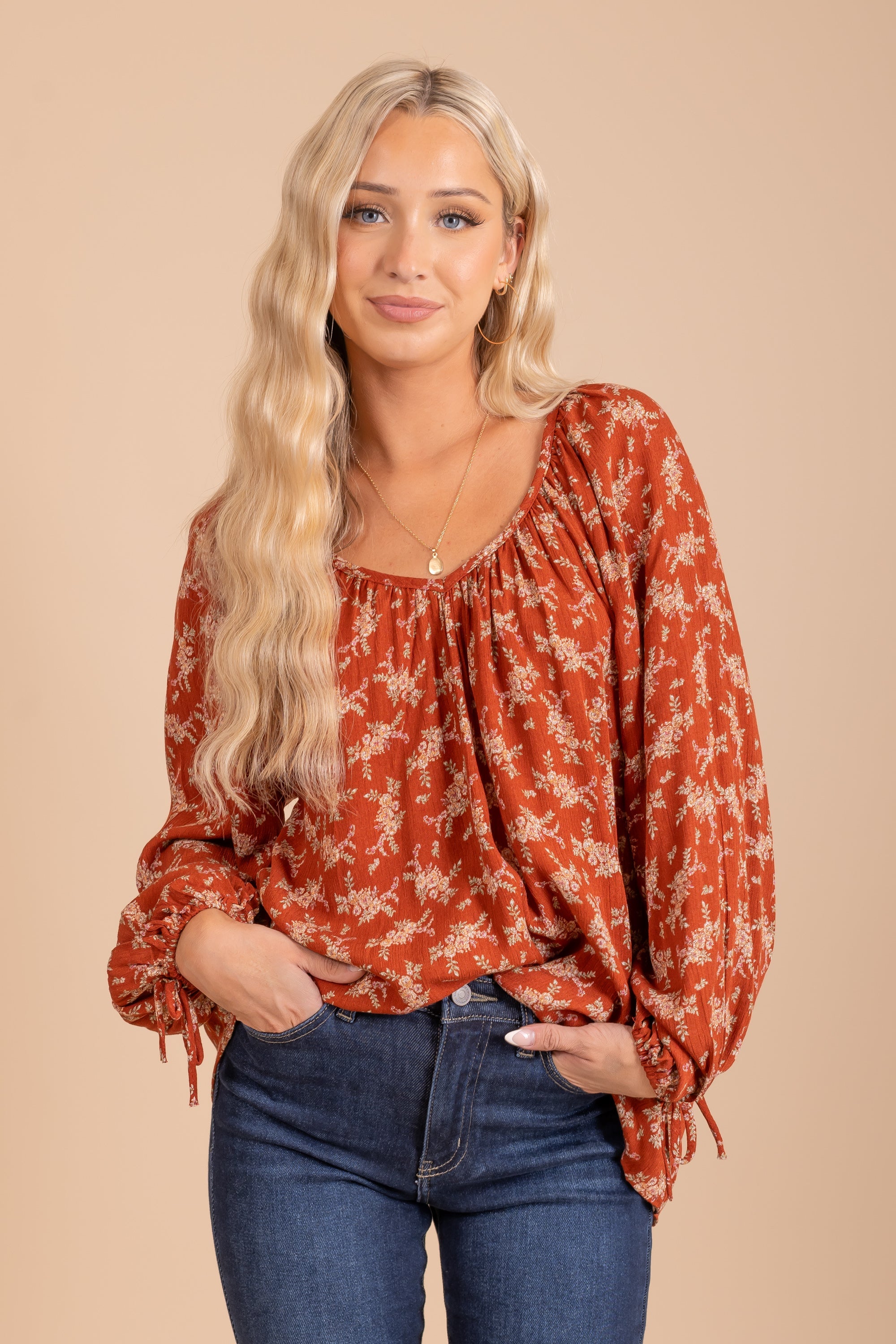 Floral v-neck rayon top with tied end long-sleeves