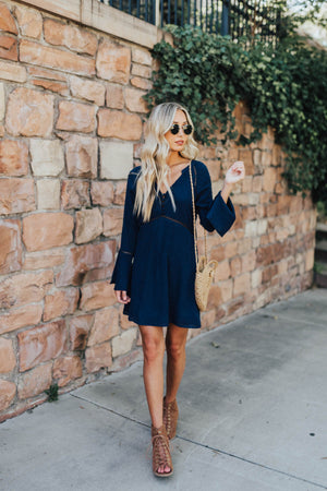 Navy Blue Polka Dot Textured Ladder Lace Boho Mini Dresses for Women
