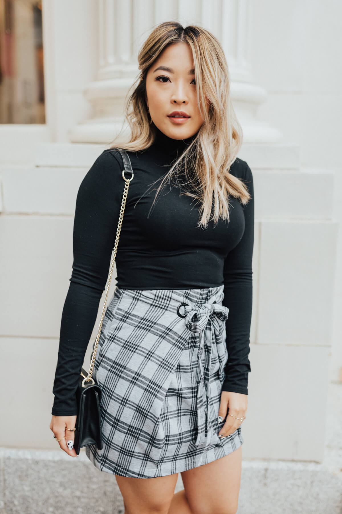 Gray and Black Plaid Patterned Boutique Mini Skirts for Women