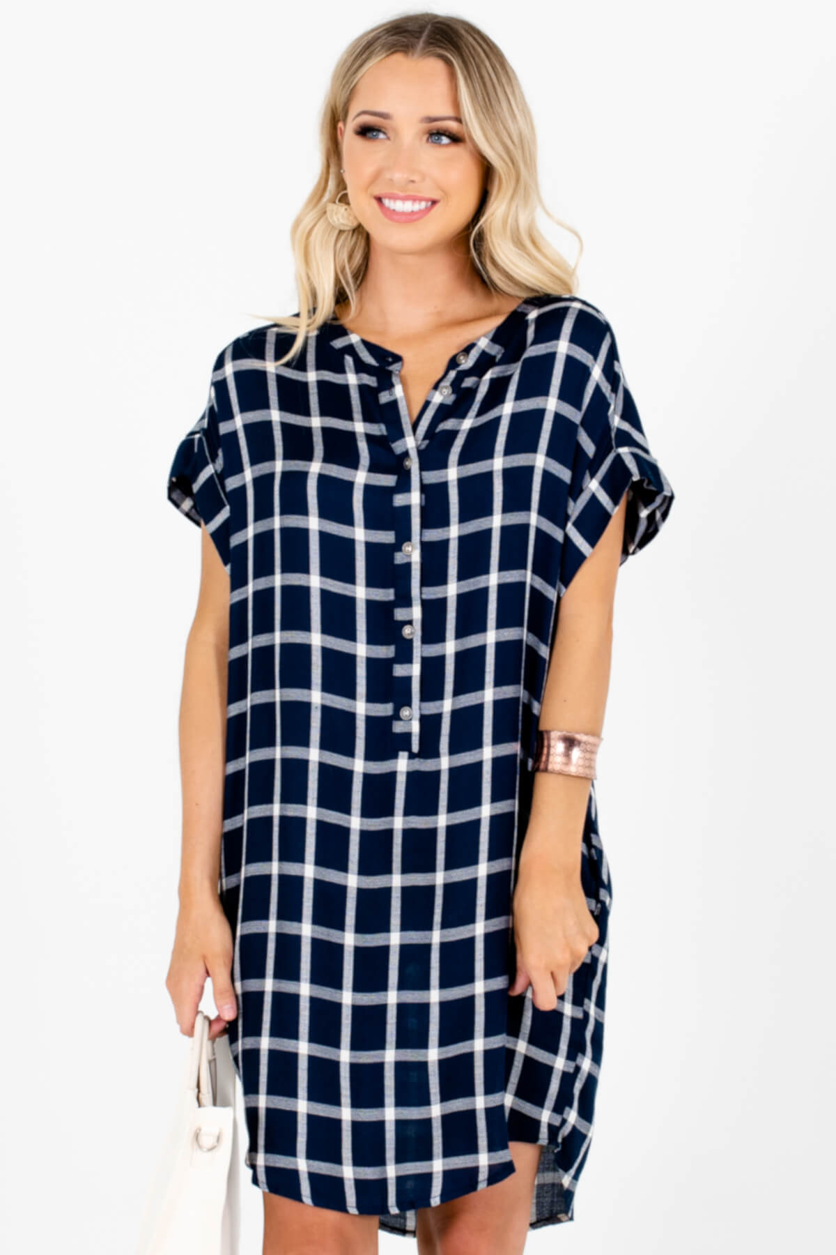 Navy Blue White Plaid Button Up Shirt Mini Dresses with Pockets