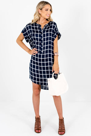 Navy White Plaid Oversized Button Up Shirt Mini Dresses with Pockets