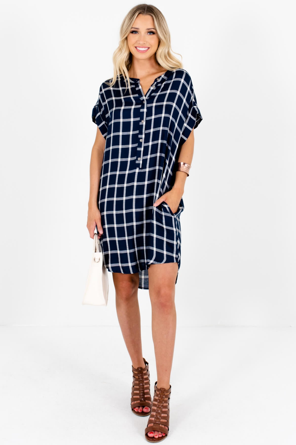 Navy Blue White Plaid Oversized Button Up Mini Dresses with Pockets