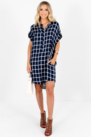 Navy Blue White Plaid Oversized Button Up Mini Dresses with Pockets