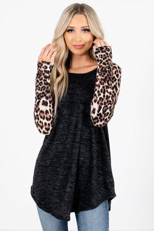 Black Leopard Print Patterned Sleeve Boutique Tops for Women